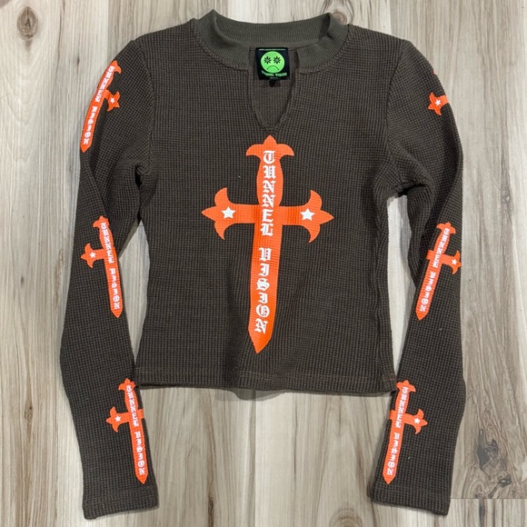 Tunnel Vision Cropped Waffle Knit Cross Long Sleeve Shirt Women’s XXS - Picture 1 of 3